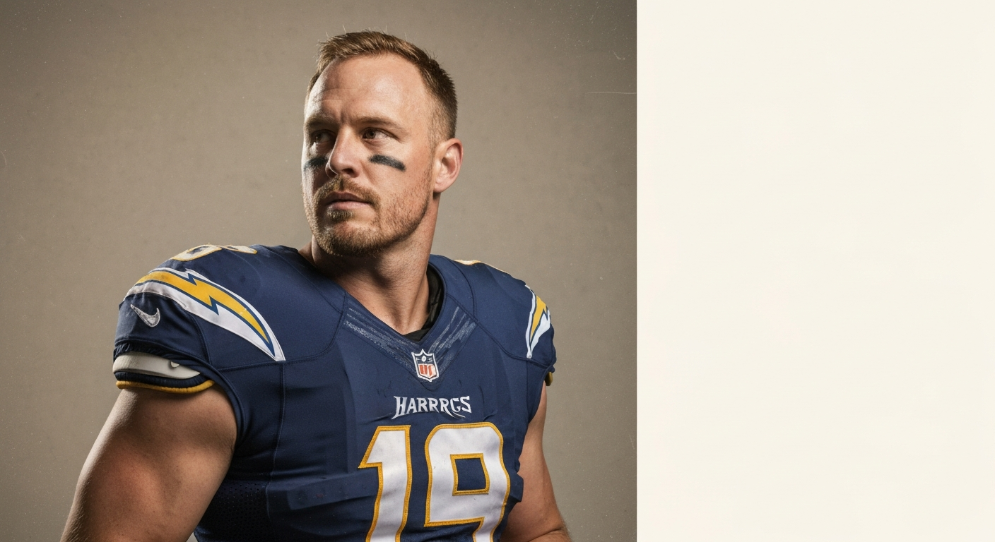 Stylized editorial portrait of a retired offensive tackle in Chargers-inspired colors, helmet off and looking thoughtful.