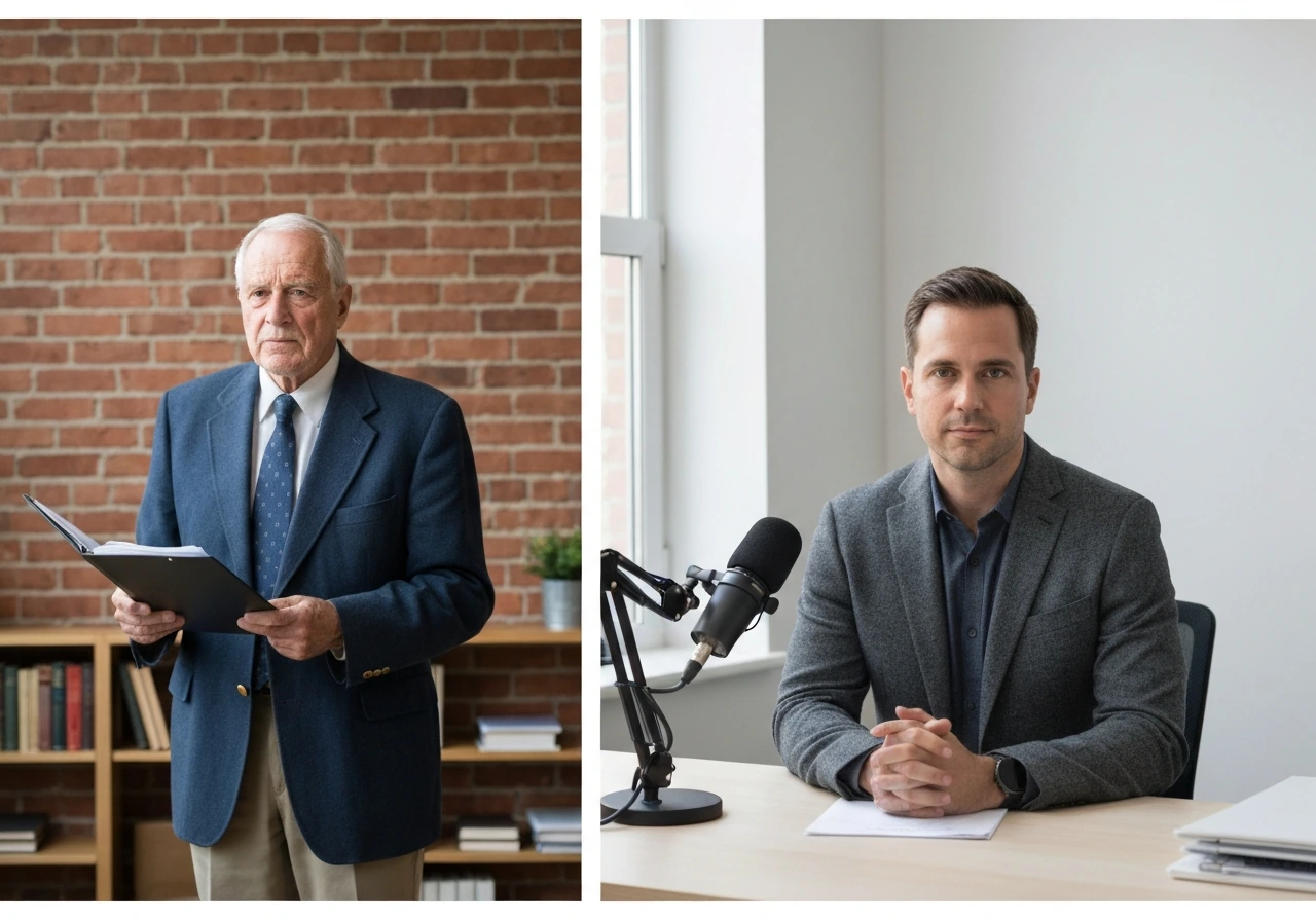Minimal two-panel scene showing anonymous business men with distinct roles to help distinguish names