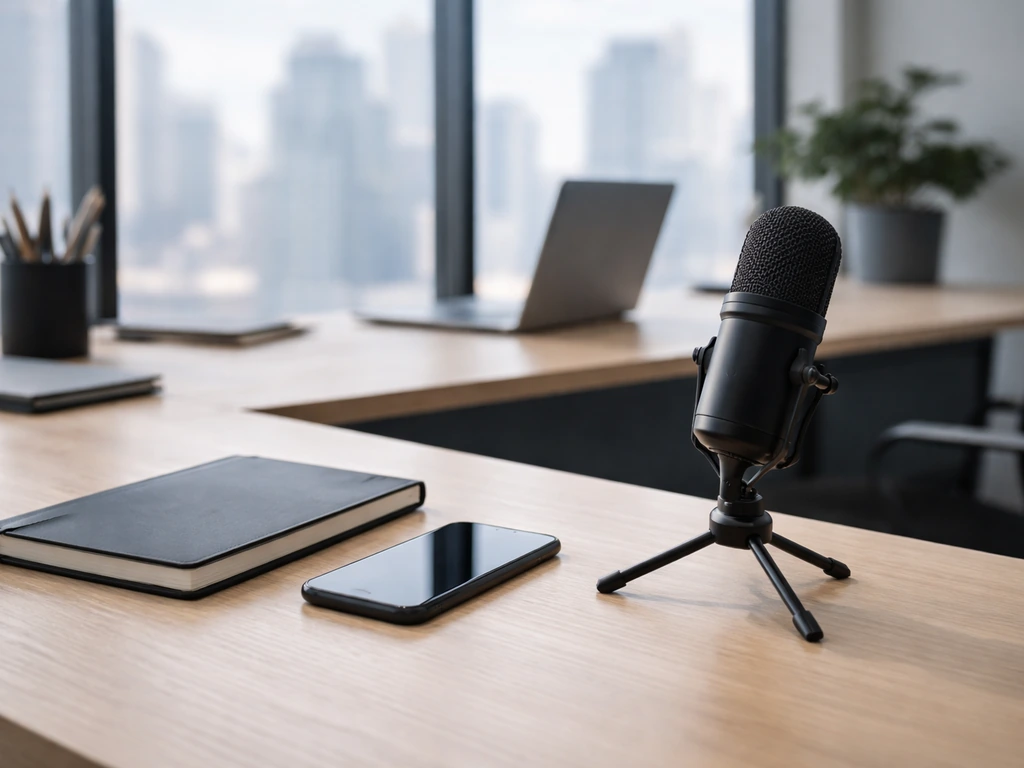 Minimal office desk with a microphone and smartphone, symbolizing business leadership and media presence.