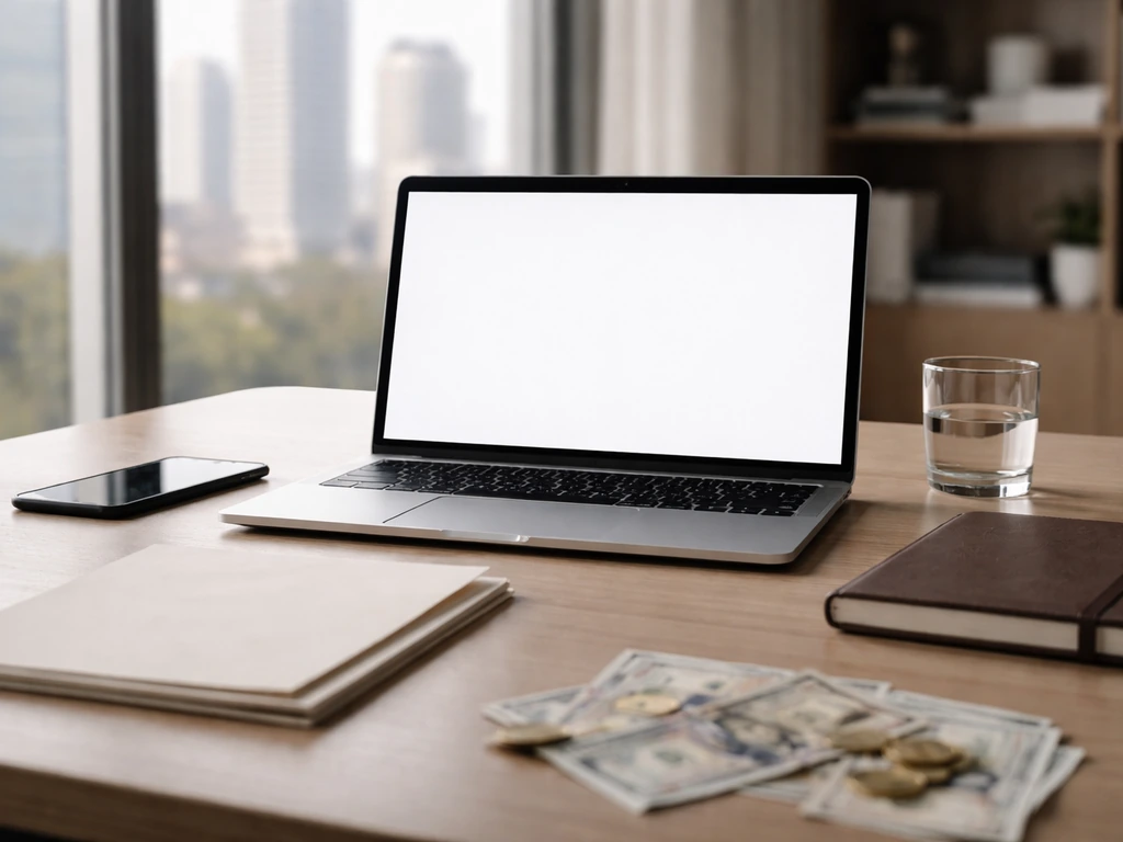Minimal office desk with laptop and generic cash symbolism near scattered papers and window city view