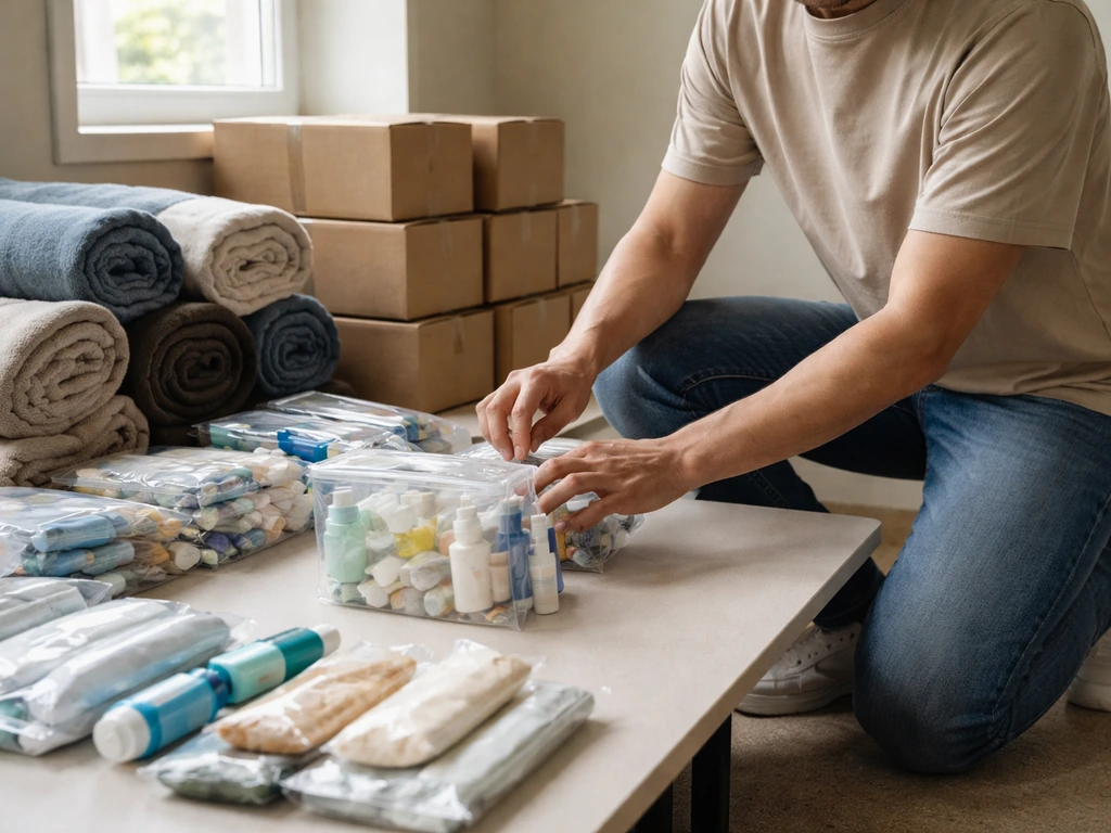Anonymous volunteer packing donated care packages at a community nonprofit table in natural light.