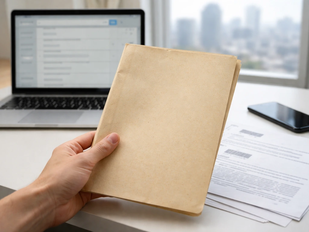 Hand holding a folder of documents beside a laptop and smartphone showing verification-style icons