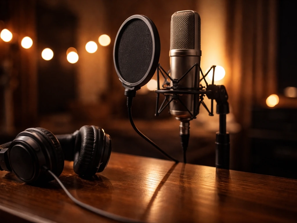 Close-up of an unbranded studio microphone and headphones in a quiet recording room.