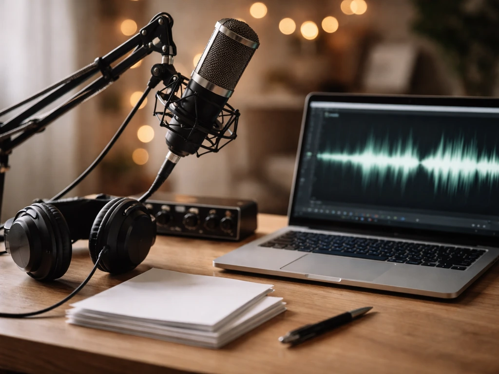Music producer recording in a small studio with headphones and microphone, cues of income channels