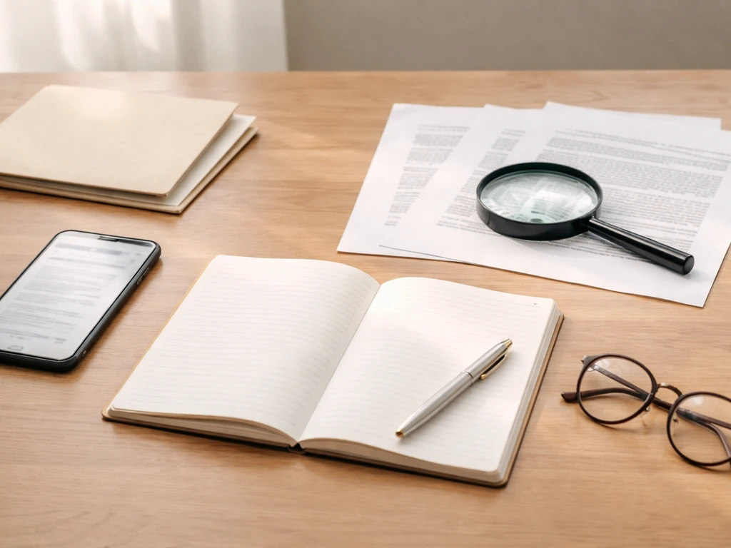 Minimal desk scene with notebook, magnifying glass, and documents suggesting verifying financial info.