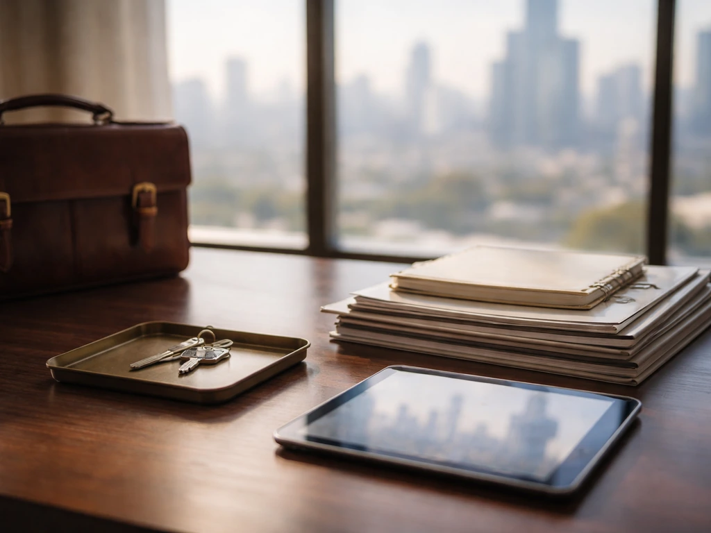 Modern real estate brokerage office desk with briefcase and keys, symbolizing Marcus & Millichap net worth