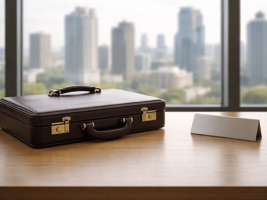 Minimal photo of a commercial real estate office desk with a building skyline view through a window.