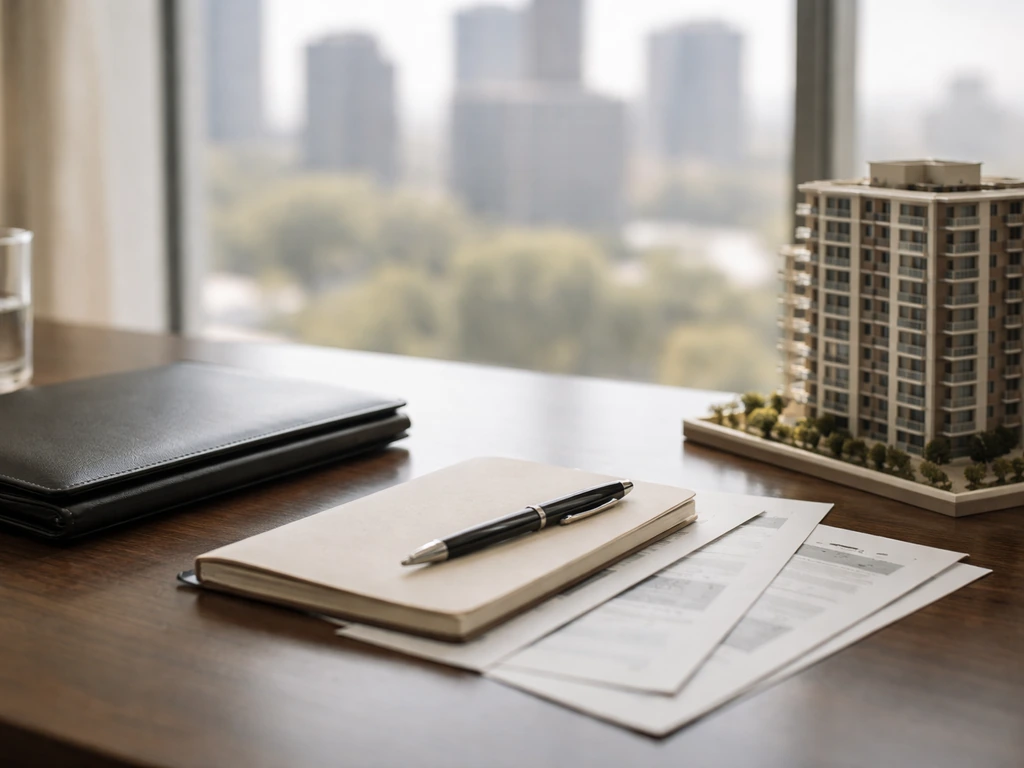 Luxury office desk with pen, portfolio, and small building model, suggesting real estate wealth and finance snapshot.