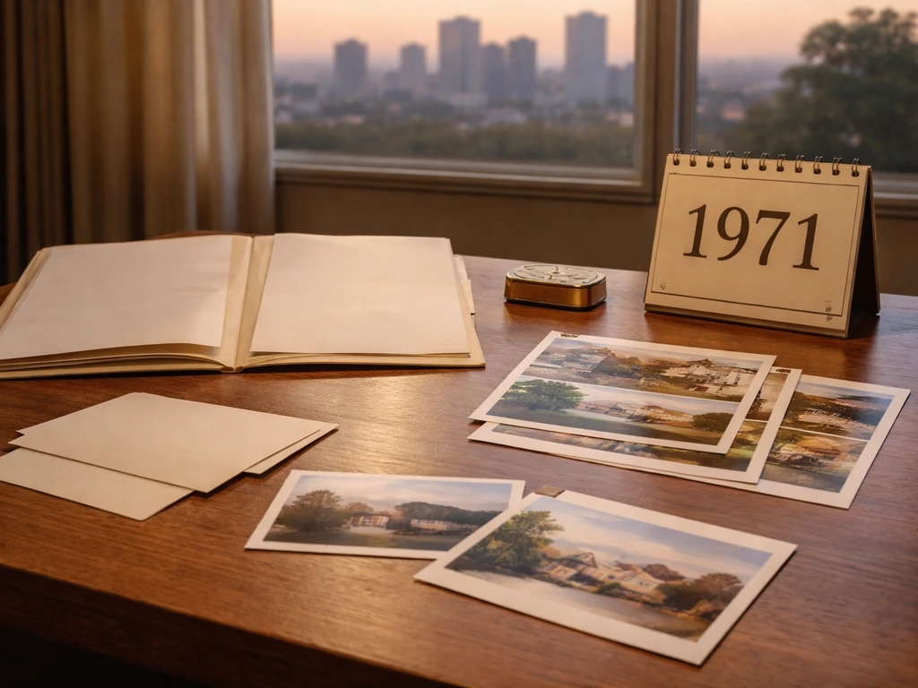 Vintage office desk with 1971-era real estate folders, city skyline in window, and subtle milestone markers