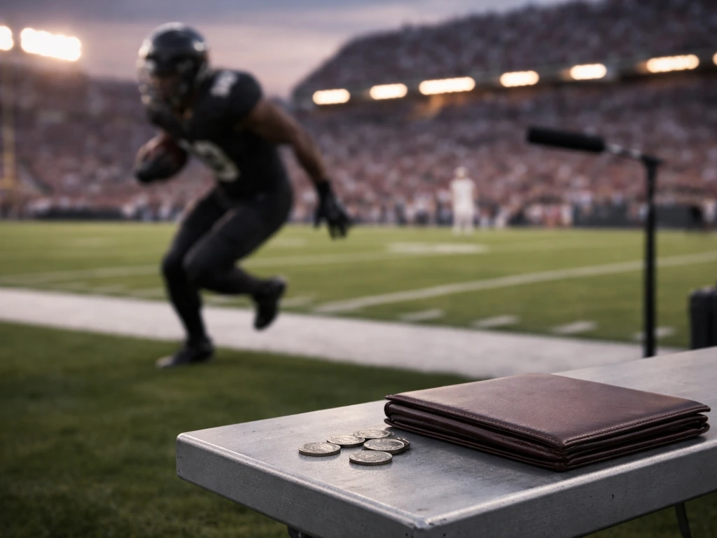 Anonymous NFL player mid-action on a field with studio-style media ambience and coins near the sideline.