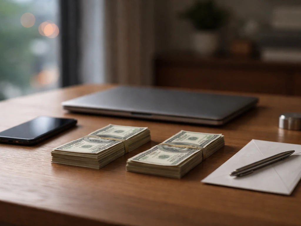 Minimal photo of an anonymous desk with cash and a smartphone showing a generic finance range concept