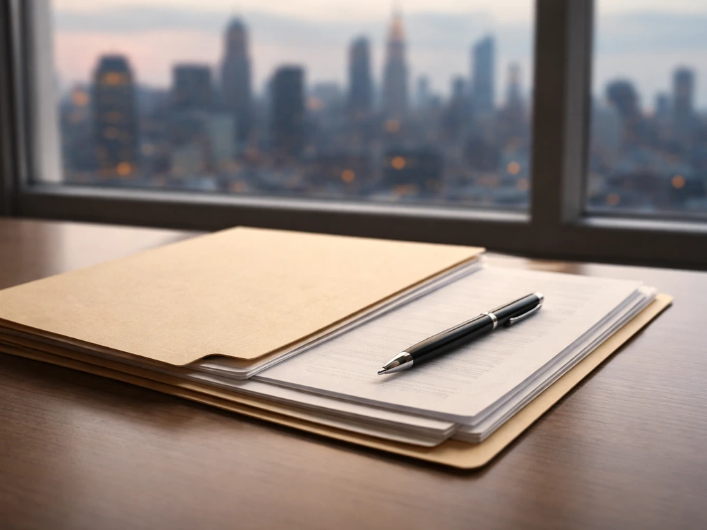 Close-up of an anonymous football contract folder with a pen on a NYC window ledge