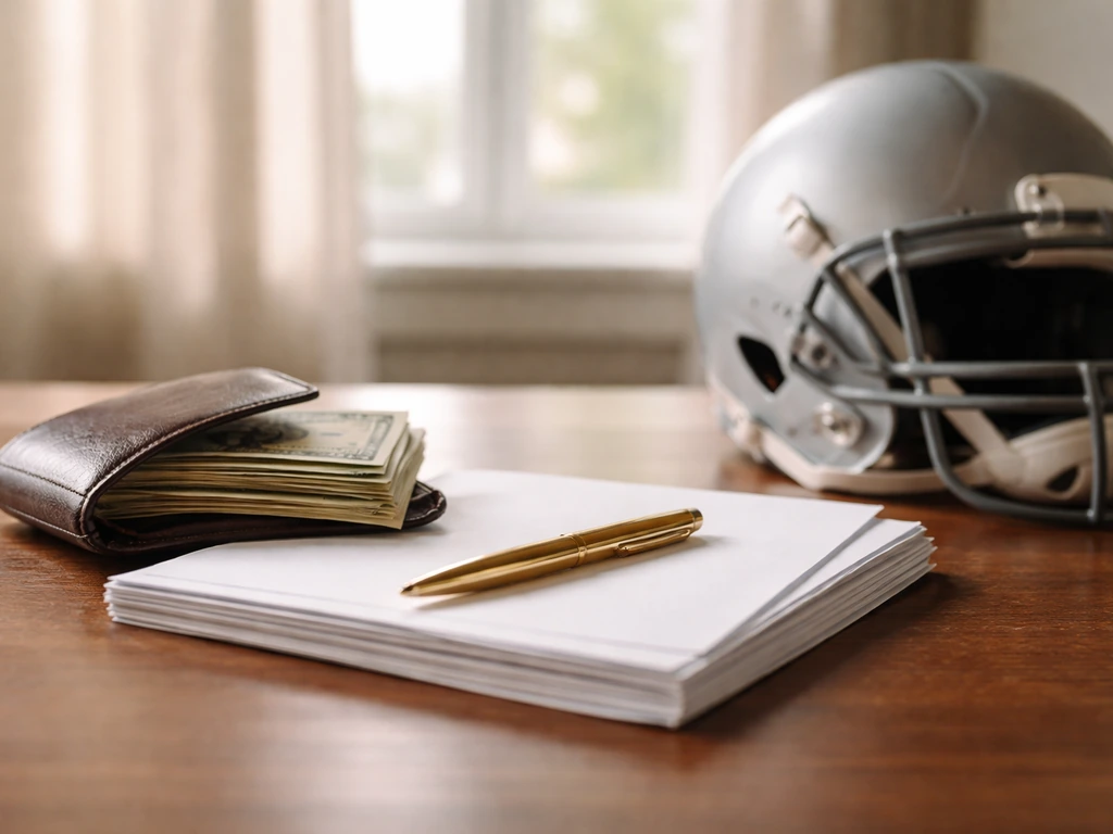 Minimal desk scene with stacked documents and cash suggesting layered sports earnings.