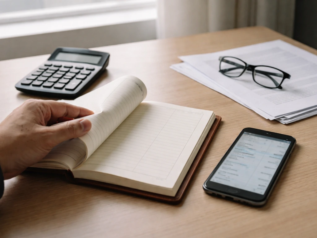 Close-up of a desk with calculator and contract papers, showing anonymous sports finance verification workflow.