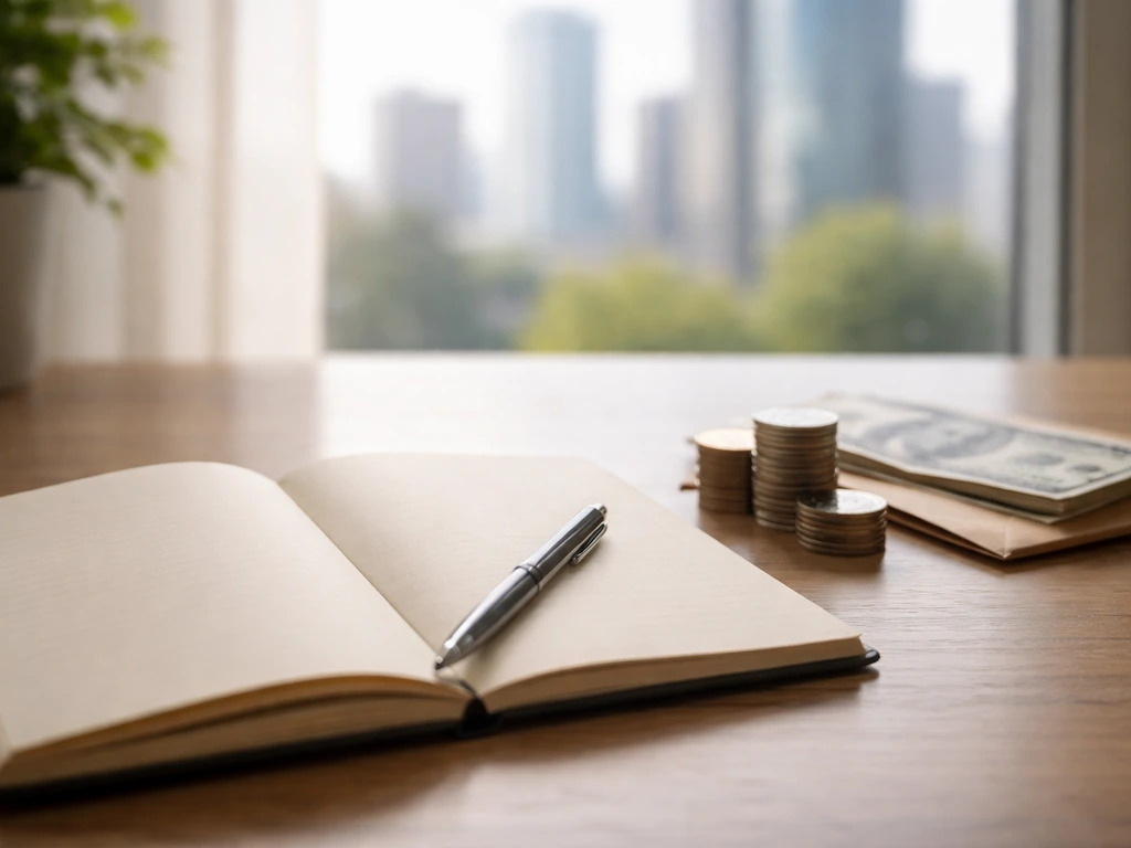 Minimal photo of a desk with a notebook, pen, and scattered coins beside a blurred city view