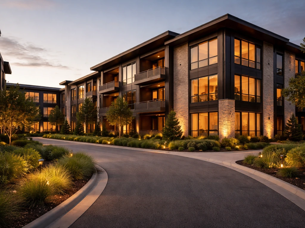 Luxury apartment community exterior with sleek buildings and landscaped courtyard at dusk, no people.