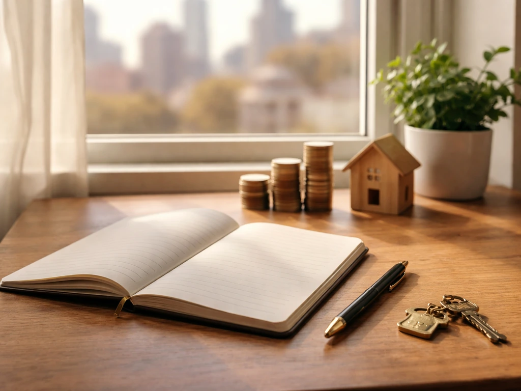 Minimal photo of an open notebook with a pen and a small key on a desk near a window, suggesting building wealth.
