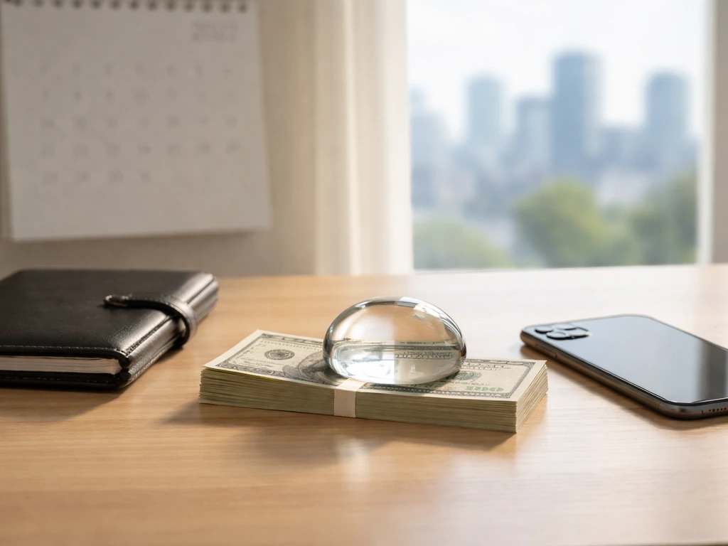 Minimal desk scene with US dollar bills, planner, paperweight, and a blurred 2026-style calendar page.