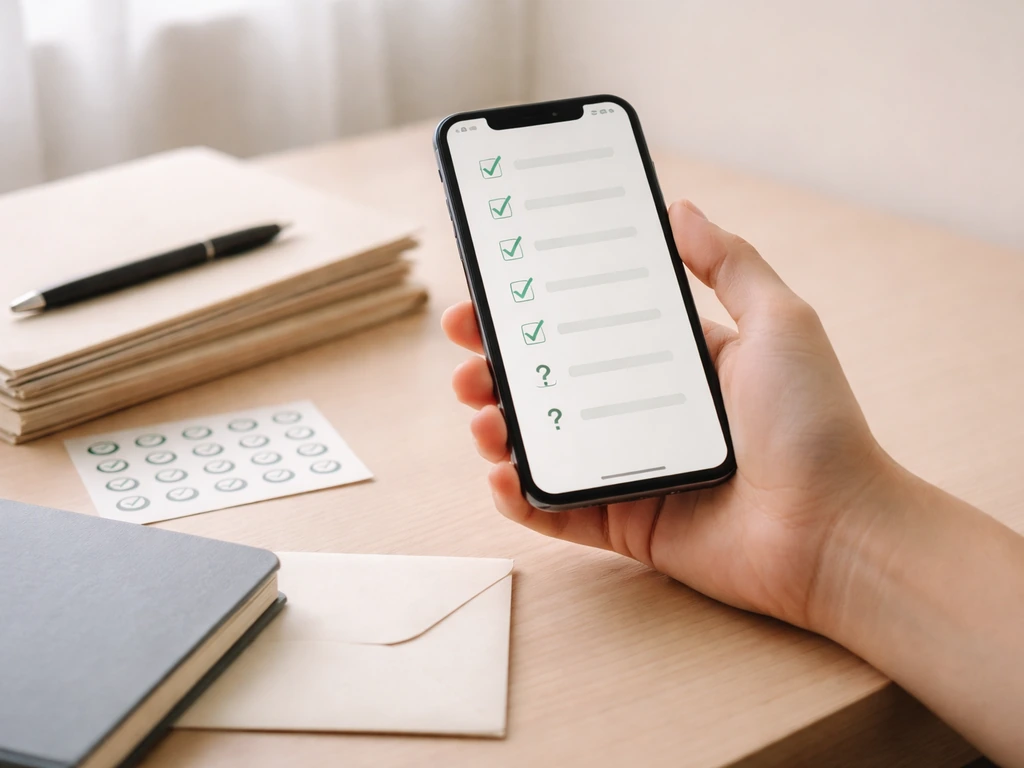 Hand checks a phone on a minimal desk with blank documents, suggesting verification vs unknown info.
