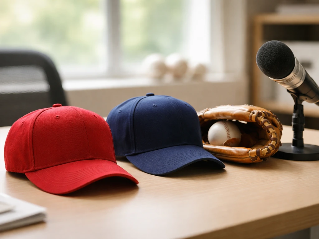 Baseball glove and caps on a desk beside a microphone, symbolizing MLB identity disambiguation.