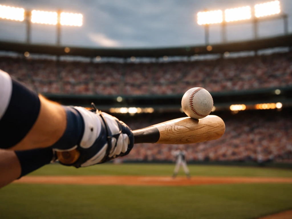 Gloved hand and bat mid-swing at a quiet stadium, evoking an outfielder’s playing-career momentum.