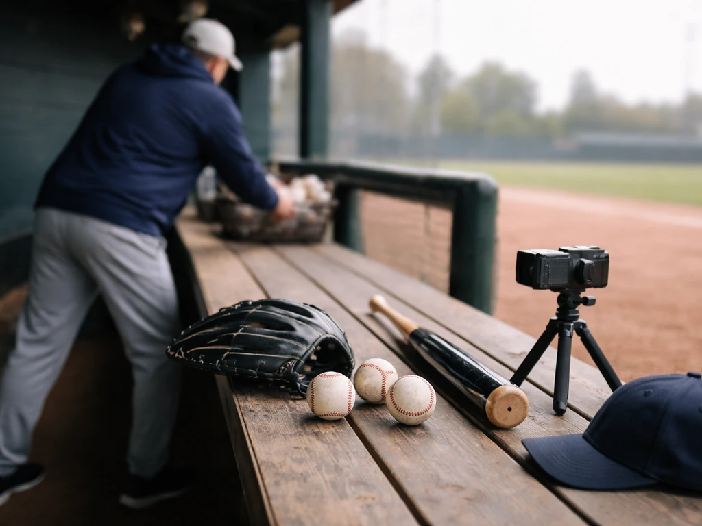 ML hitting coach scene in a quiet MLB dugout, baseball bat and glove near a small video camera on a bench