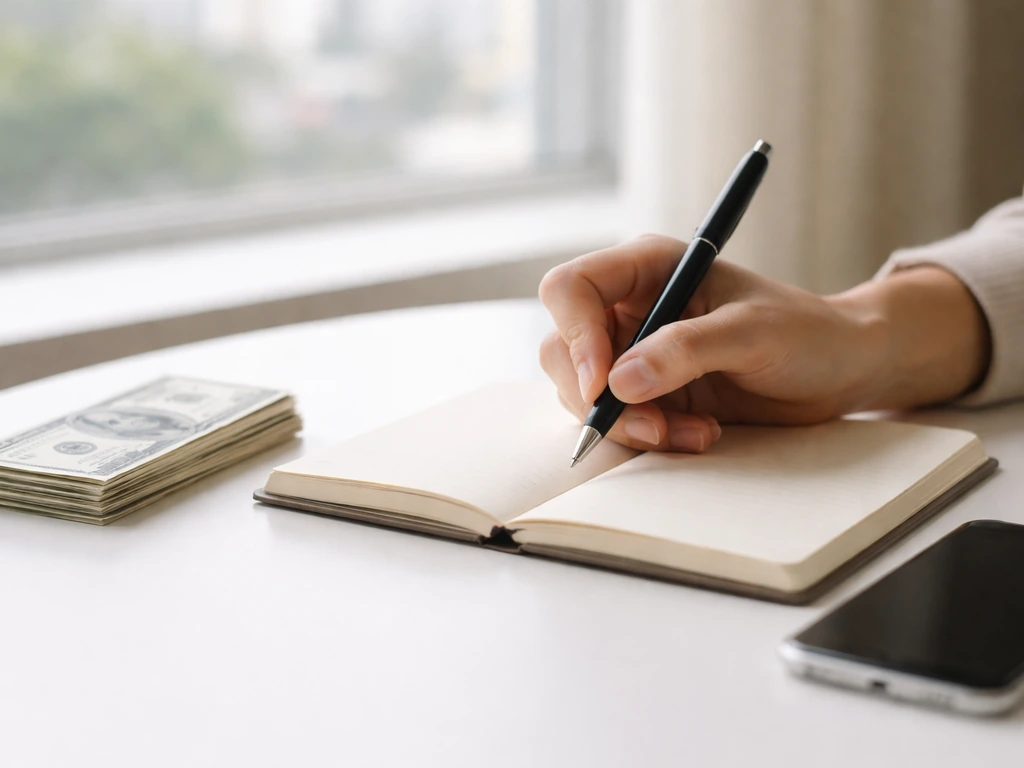 Close-up of a hand holding a pen over a notebook with cash and a smartphone, suggesting verifying and updating a figure