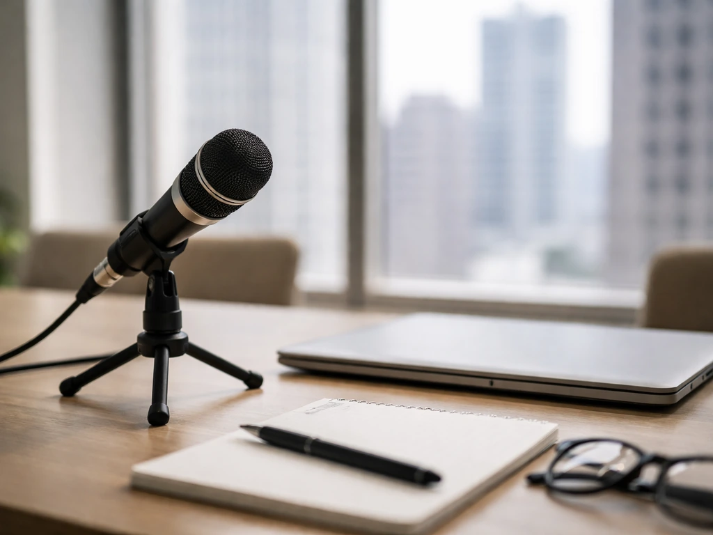 Anonymous interview-style scene with a microphone and laptop in a quiet business office, symbolizing sports earnings ana