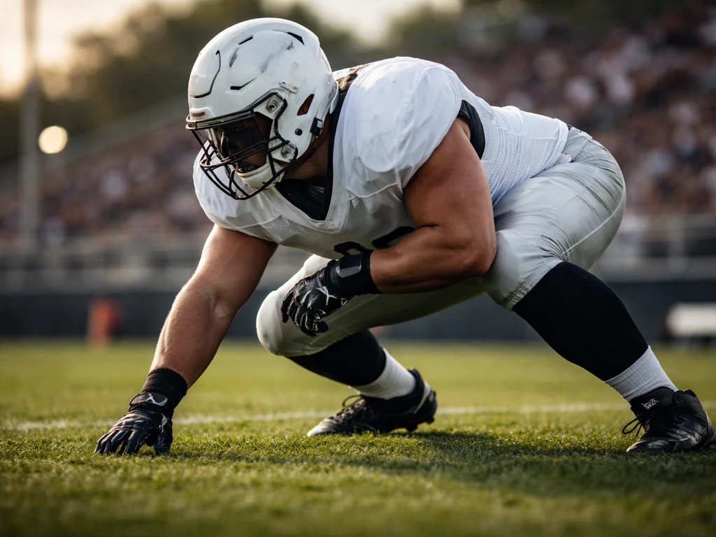 Former NFL offensive lineman in full gear on a football field during daytime game action.