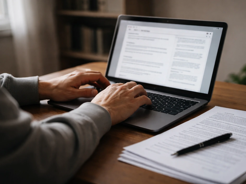 Person reviewing football contract details on a laptop beside financial documents in a quiet office.