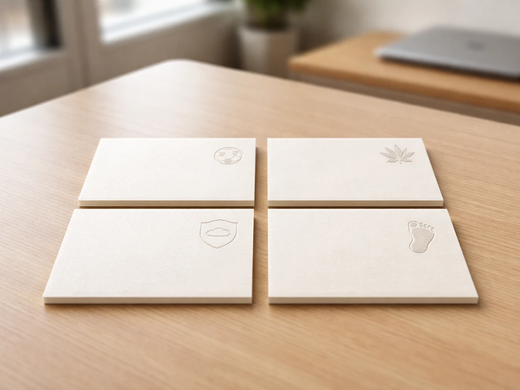 Minimal office desk with four distinct icon-like cards representing different career paths under warm natural light.