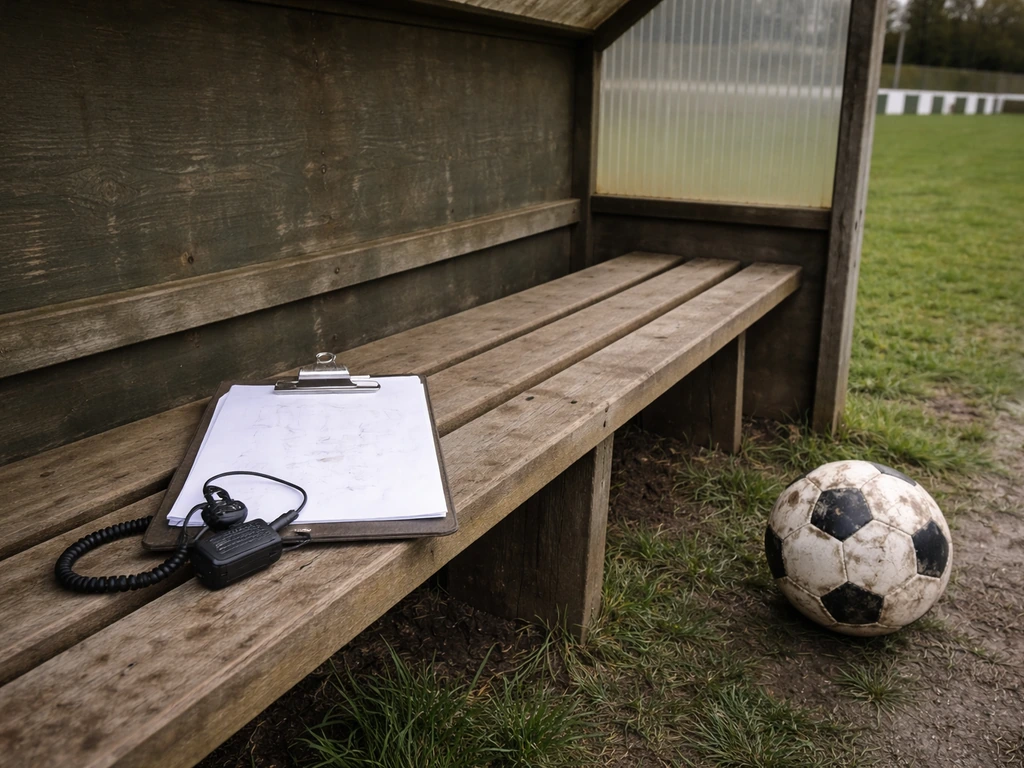 Empty non-league football dugout with a weathered manager’s clipboard and worn ball nearby