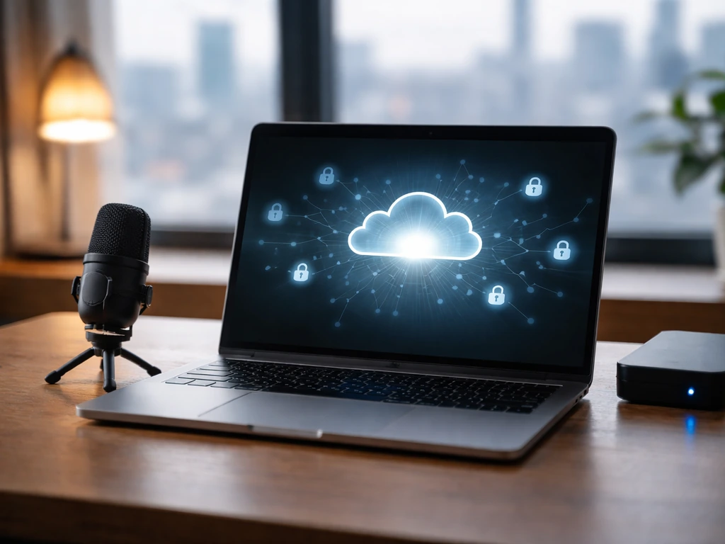 Minimal desk scene with laptop showing abstract cloud visuals, microphone, and blurred city skyline.