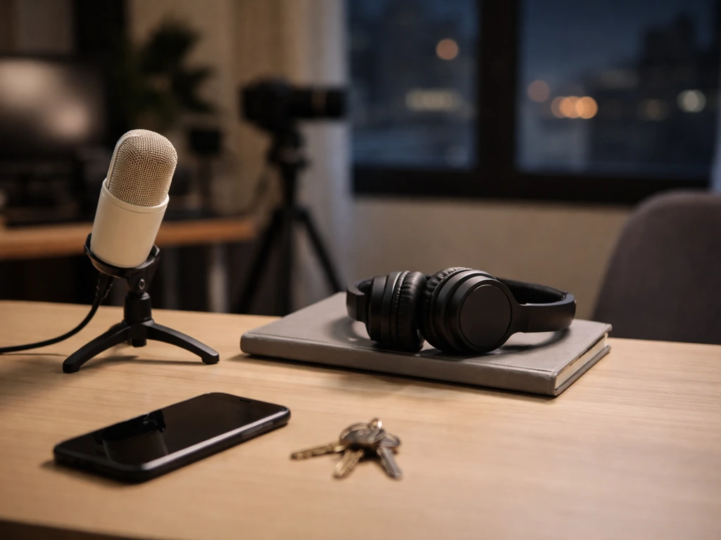 Minimal studio desk with microphone and headphones, hinting at entertainment and profile search disambiguation.