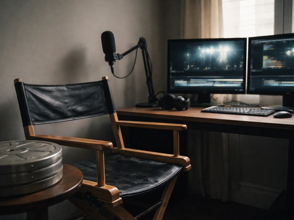 Minimal film studio scene with a microphone and film reel, evoking movie earnings and media work.