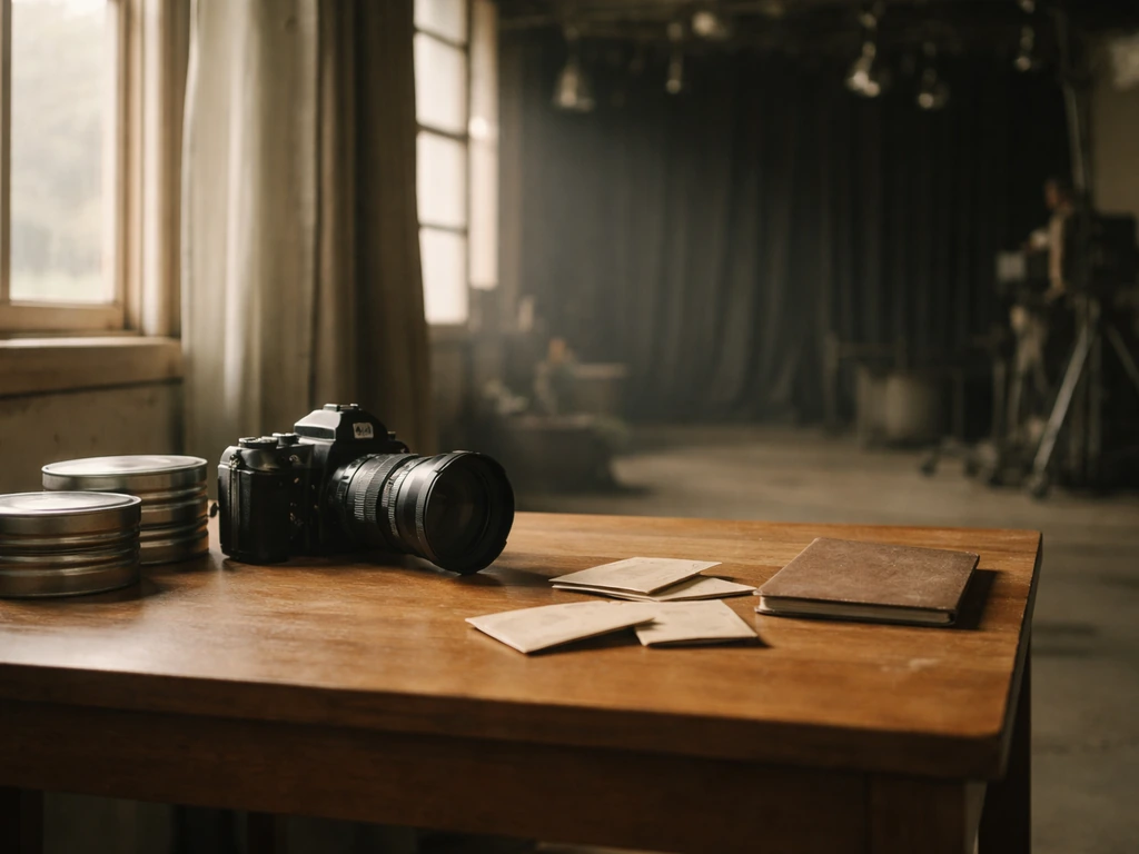 Minimal photo of a dim film studio desk with a vintage camera and scattered cash envelopes, implying career-to-income ch