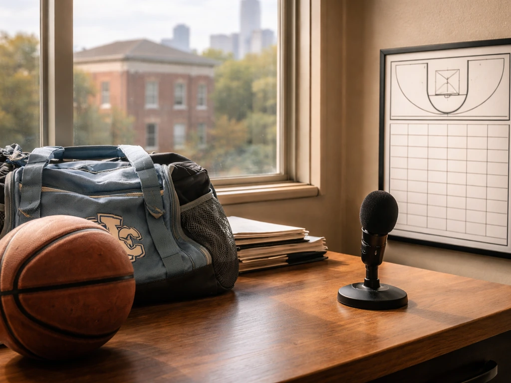 UNC basketball-inspired scene with an NBA draft symbol—warm office desk mood, no person shown