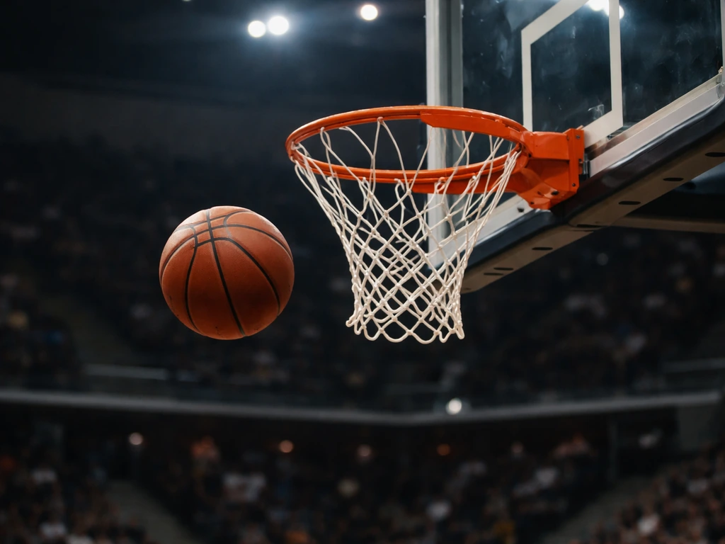 Basketball mid-air by the rim in a EuroLeague-style indoor arena, blurred crowd in the background.