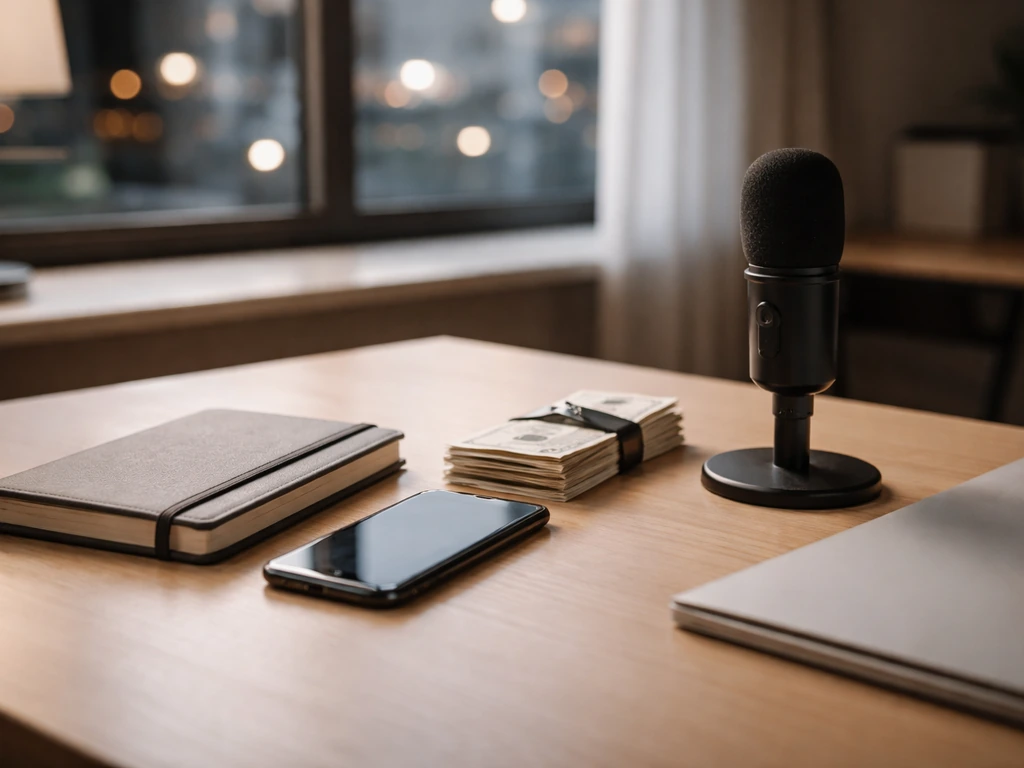 Minimal desk scene with microphone, notebook, and cash-like props suggesting career earnings shifts
