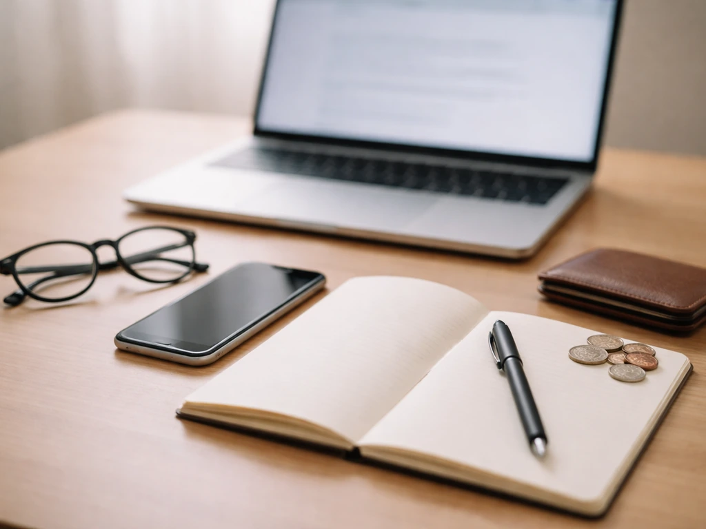 Minimal desk with phone, glasses, blank notebook, and coins symbolizing verifying contract or net worth figures.