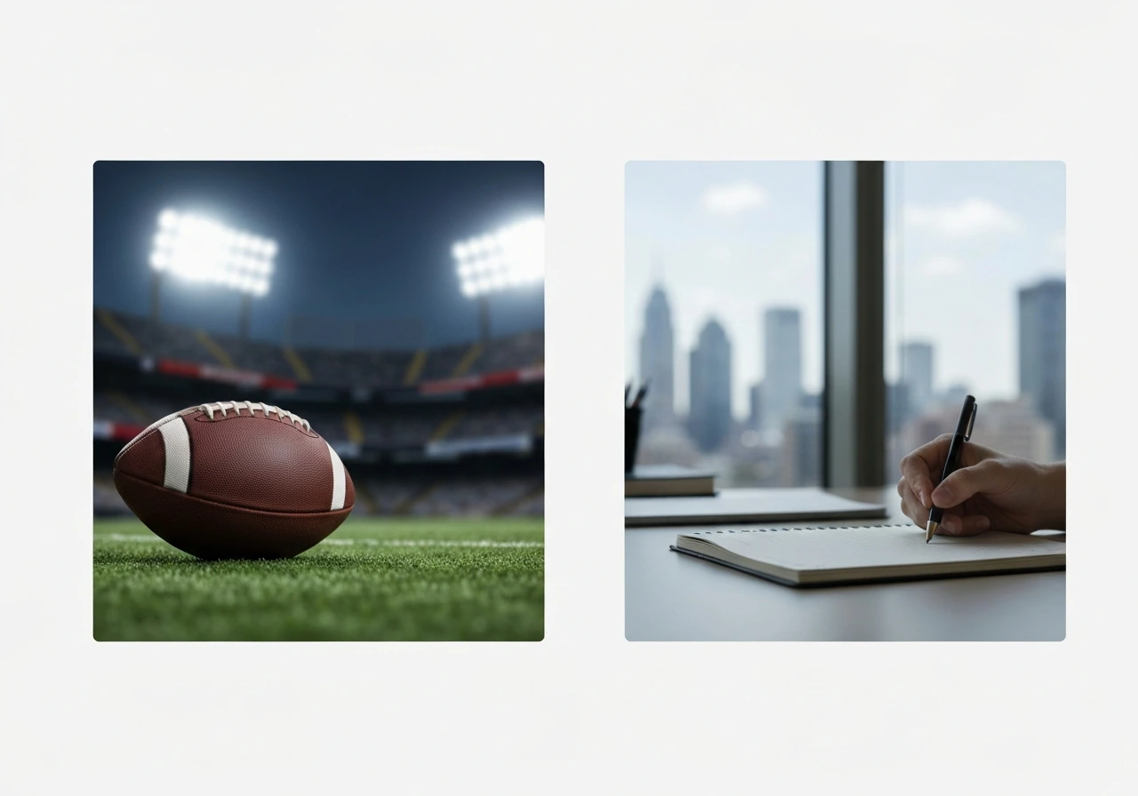Two blurred side-by-side search cards: sports football vibe on the left and office city vibe on the right.