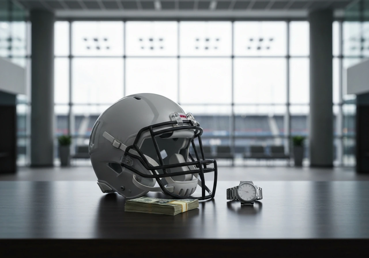 Anonymous football helmet on a desk with cash and a watch, symbolizing NFL career earnings.
