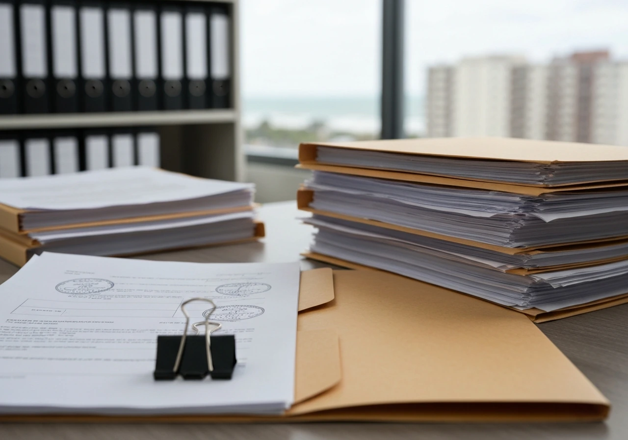 Minimal office desk with stacked stamped business documents, suggesting public business filings.