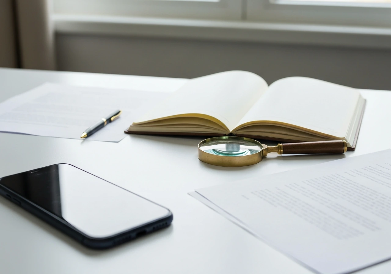 Minimal desk scene with an open notebook, smartphone, and a few papers suggesting fact-checking sources