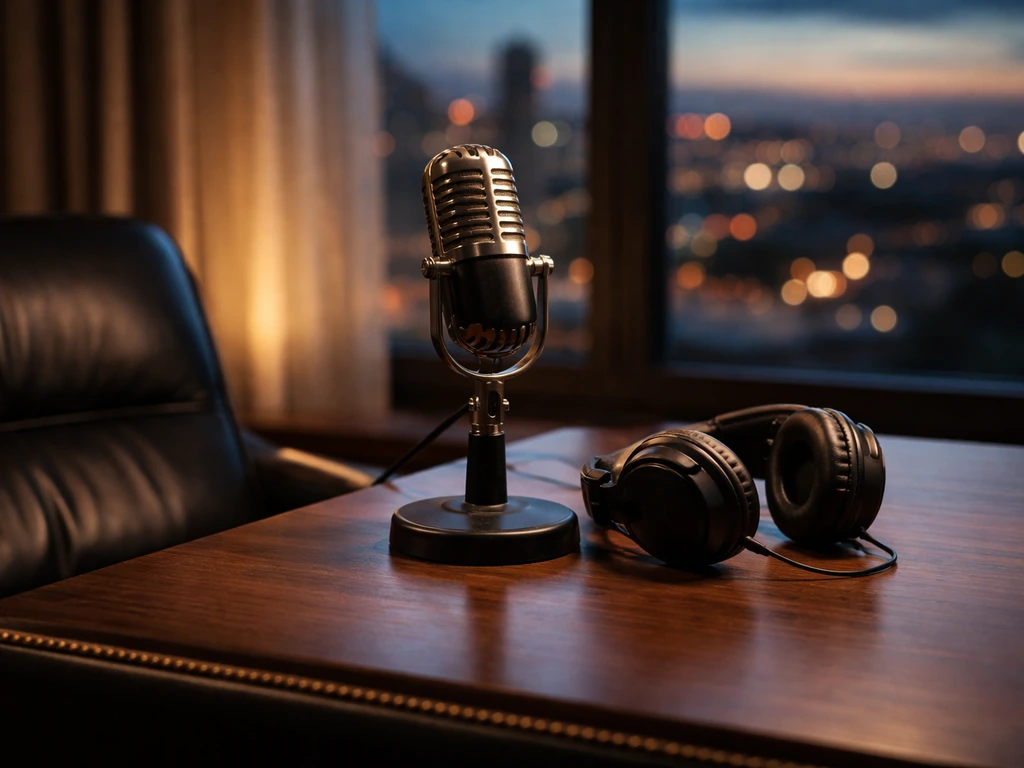 Anonymous studio scene symbolizing entertainment fame and finance interest, with a microphone and city lights
