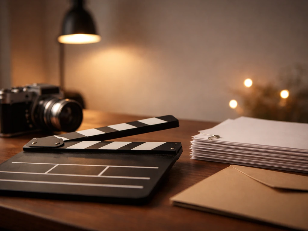 Film workspace with clapperboard, vintage camera, and envelope symbolizing acting income and media work.