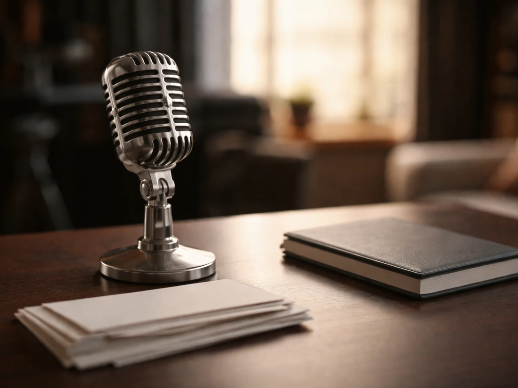 Minimal photo of studio microphone on desk beside a small stack of envelopes, symbolizing career income phases.