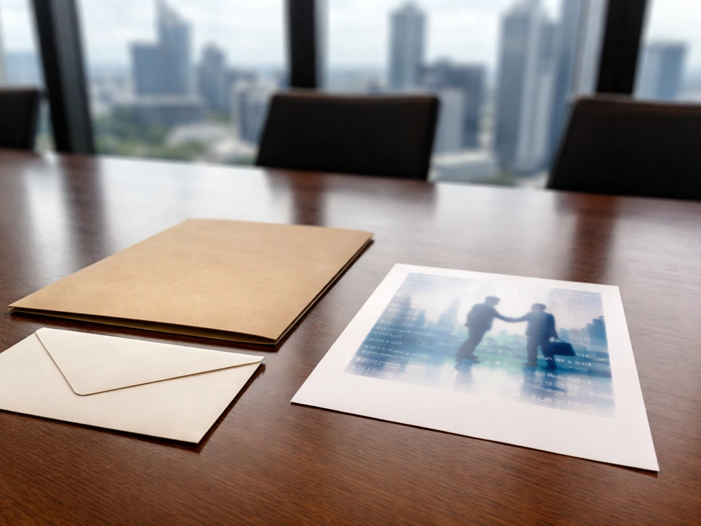 Minimal boardroom desk with sealed envelope and blurred deal paperwork, modern city skyline behind.