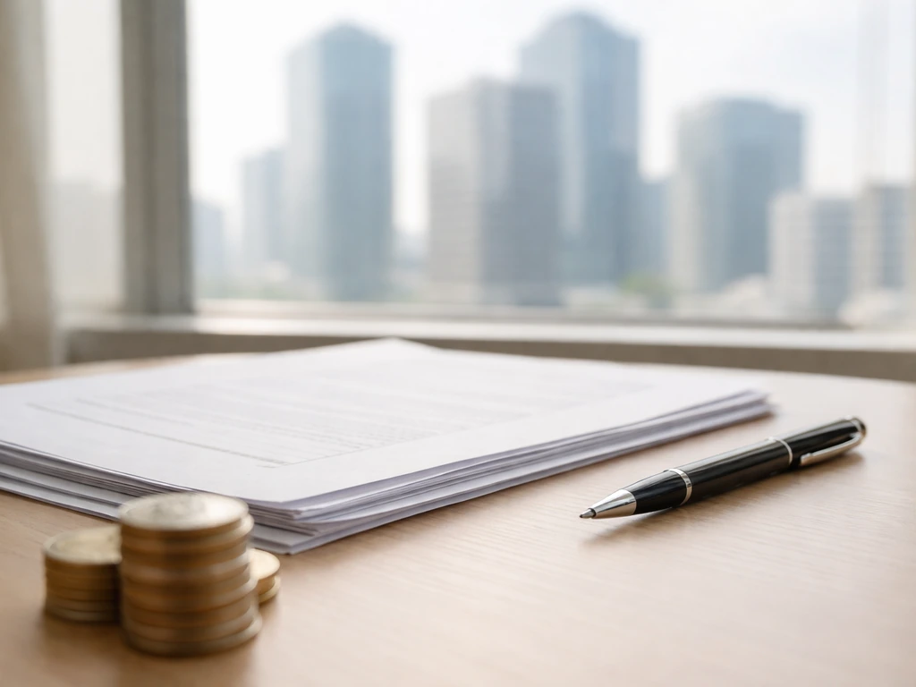 Close-up of blurred investor filing papers and a pen on a desk beside a small stock-market style skyline view