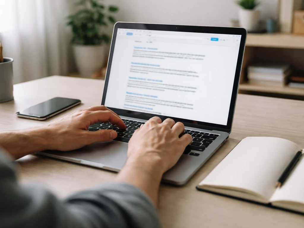 Anonymous hands searching on a laptop with blurred announcement results for a company scheme